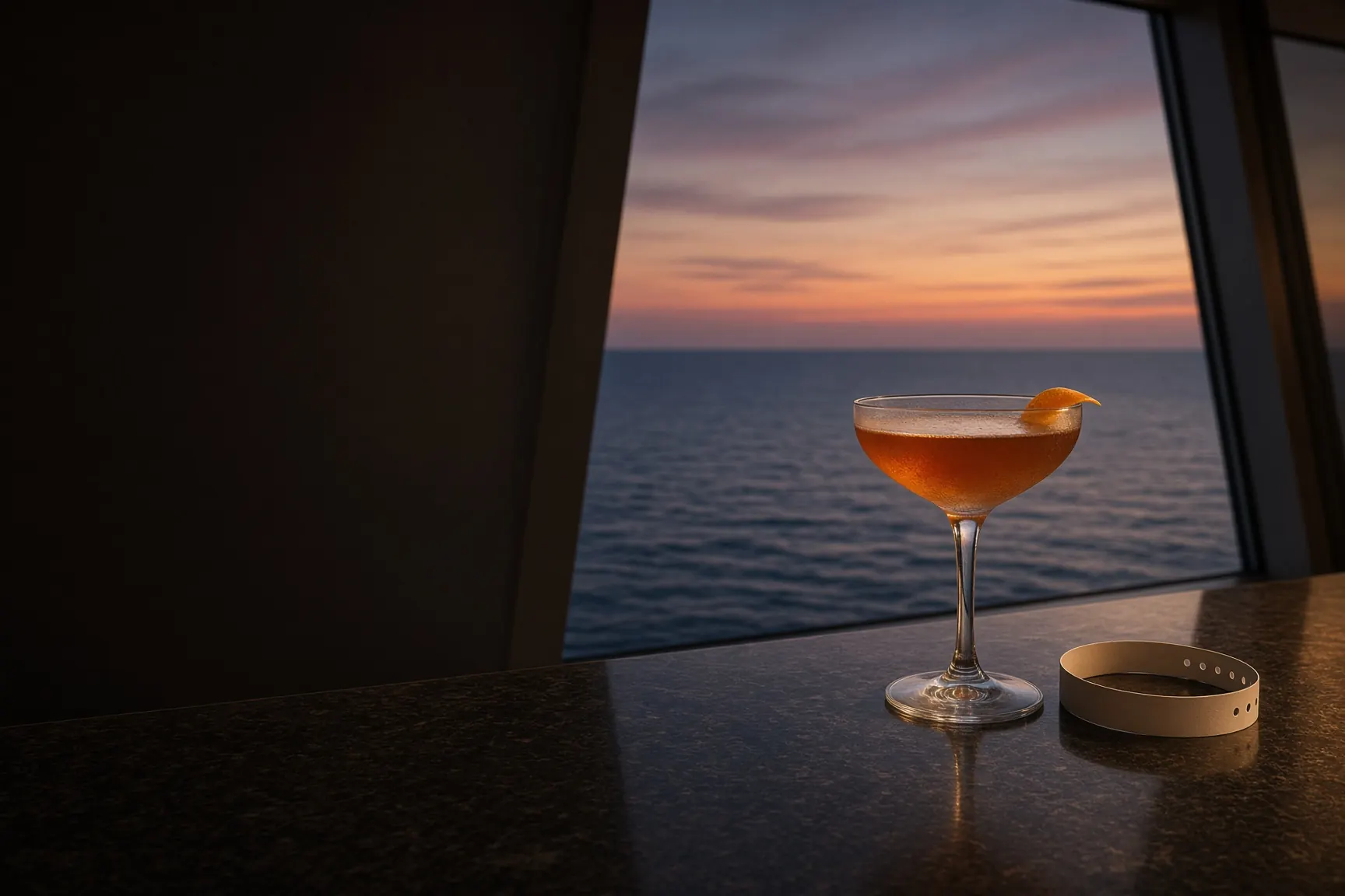 Cruise bar at dusk, one glass, ocean through a window