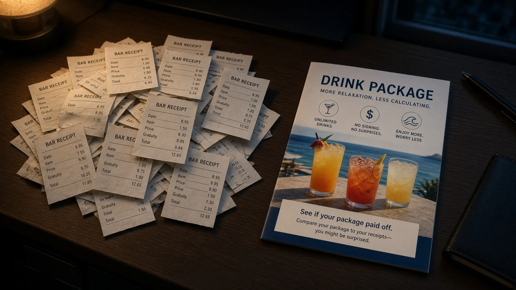 Pile of bar receipts next to an unused drink-package brochure