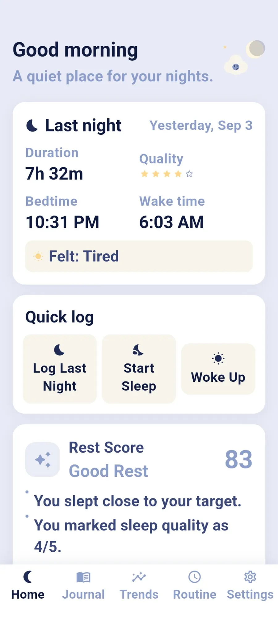 SleepJournal home: last night and rest score
