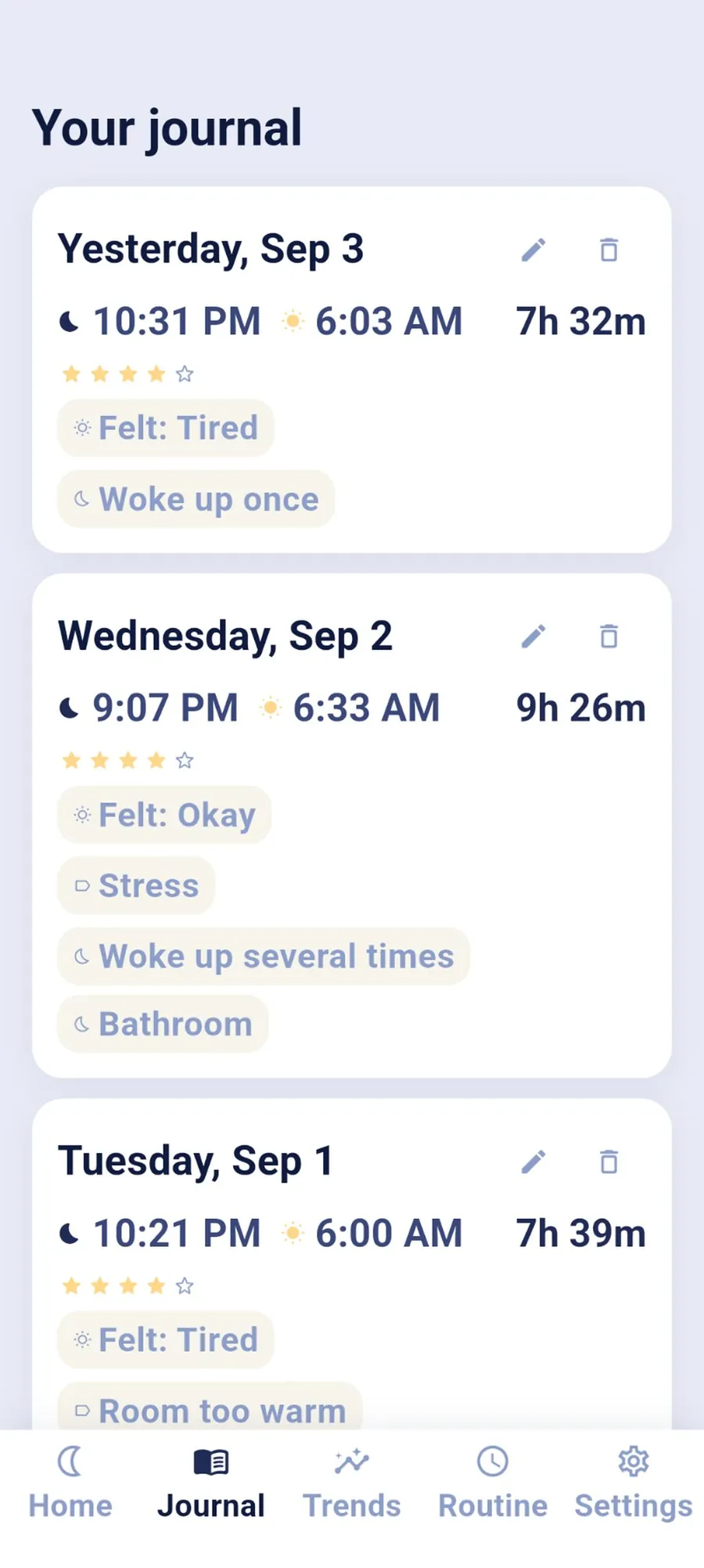 SleepJournal journal list with notes and factors