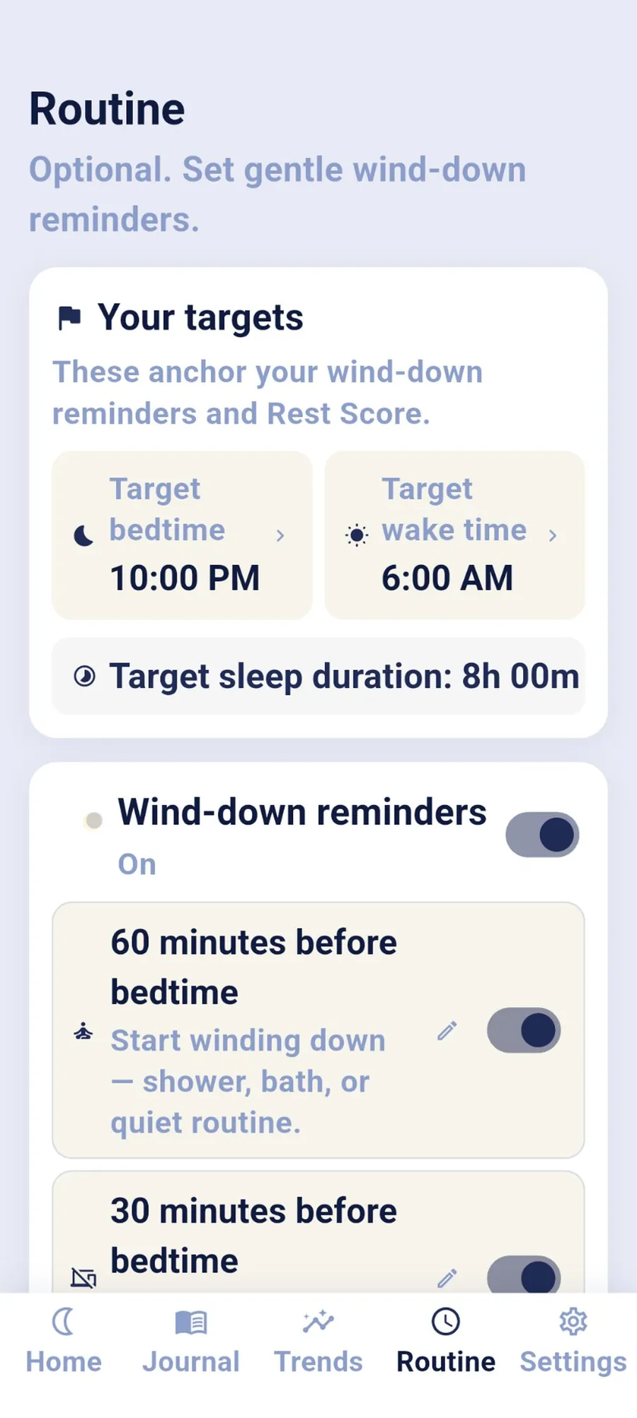 SleepJournal bedtime routine targets