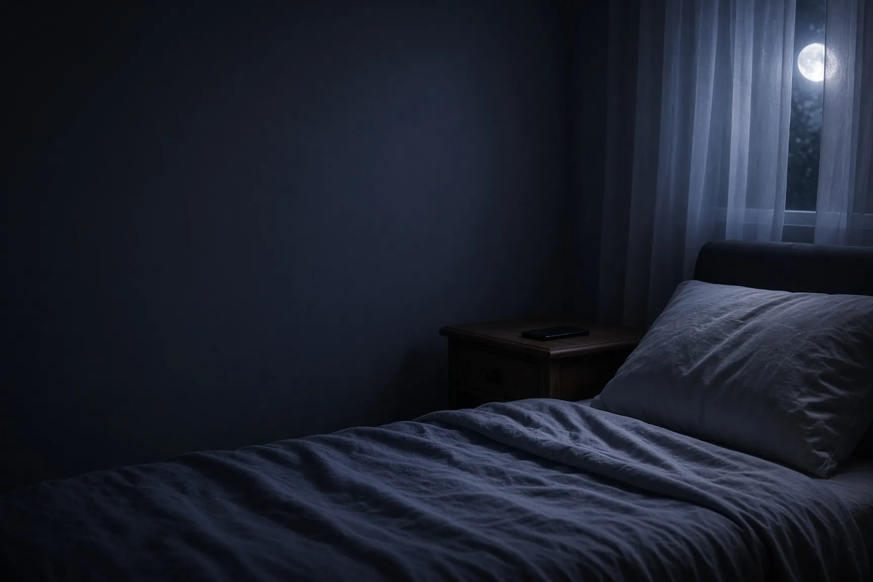 Moonlit bedroom, phone face-down on the nightstand