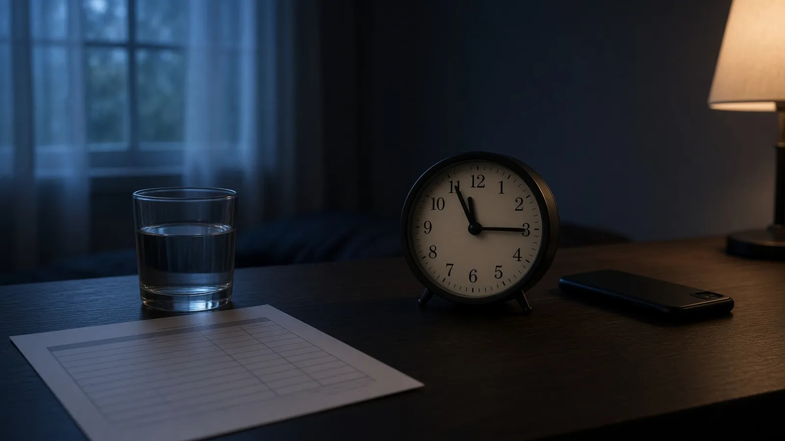Dimly lit bedside table at night with an analog clock, a glass and a notepad