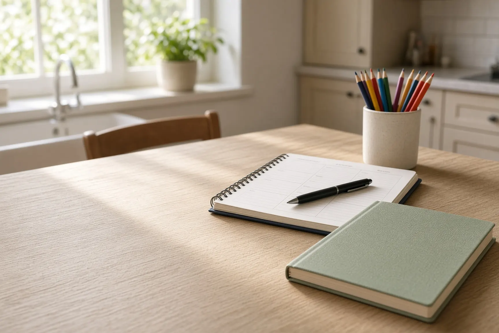 Homeschool kitchen table with a lesson planner and colored pencils