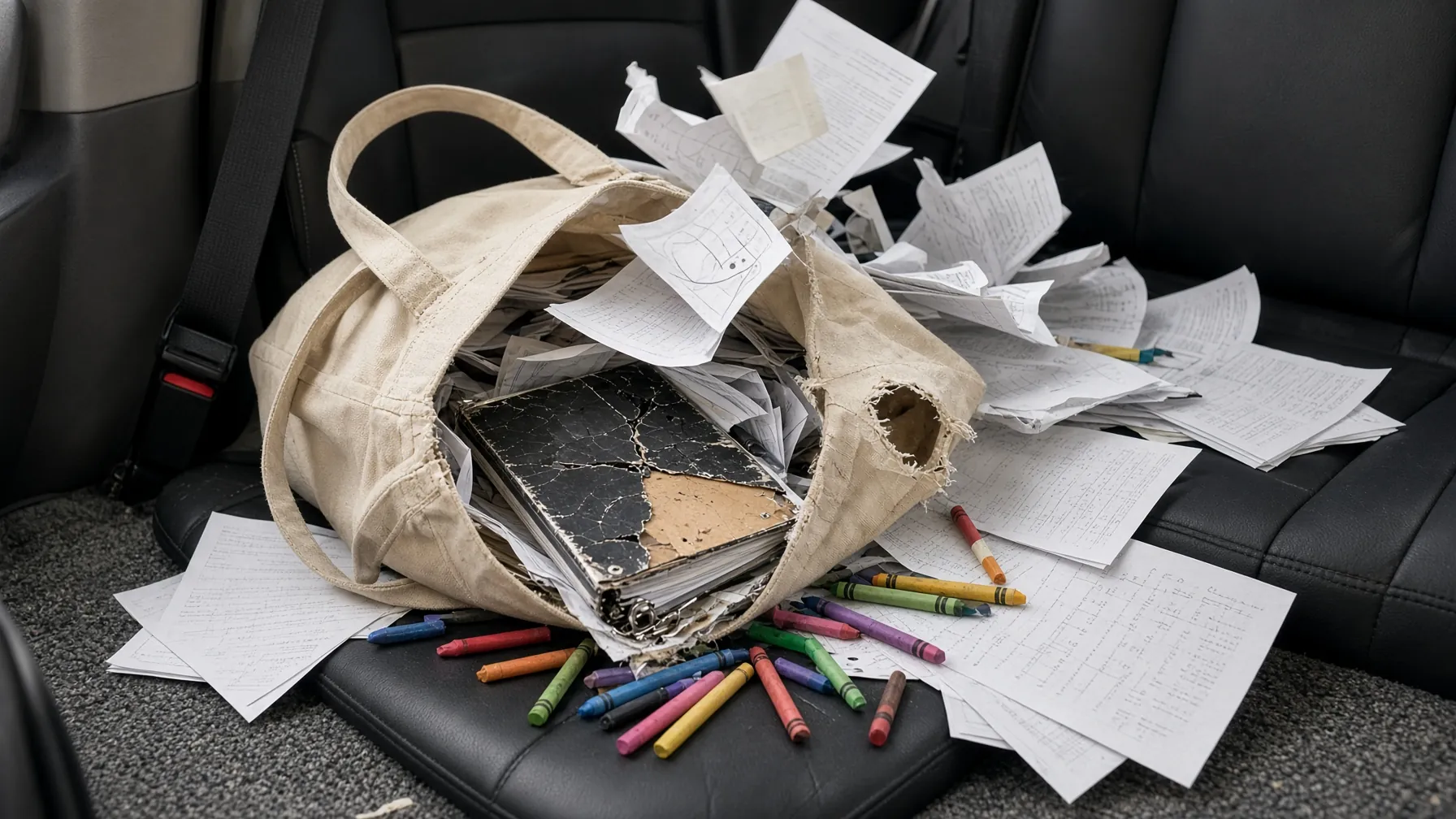 Exploding tote bag of worksheets on a car seat