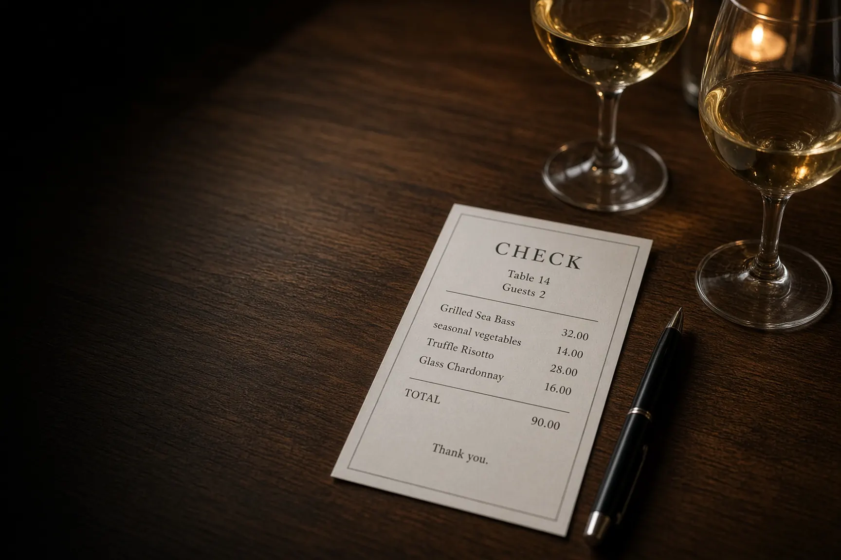 Restaurant check on a wood table, two glasses
