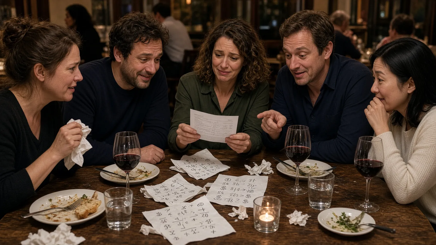 Friends arguing over a bill, napkins covered in division math