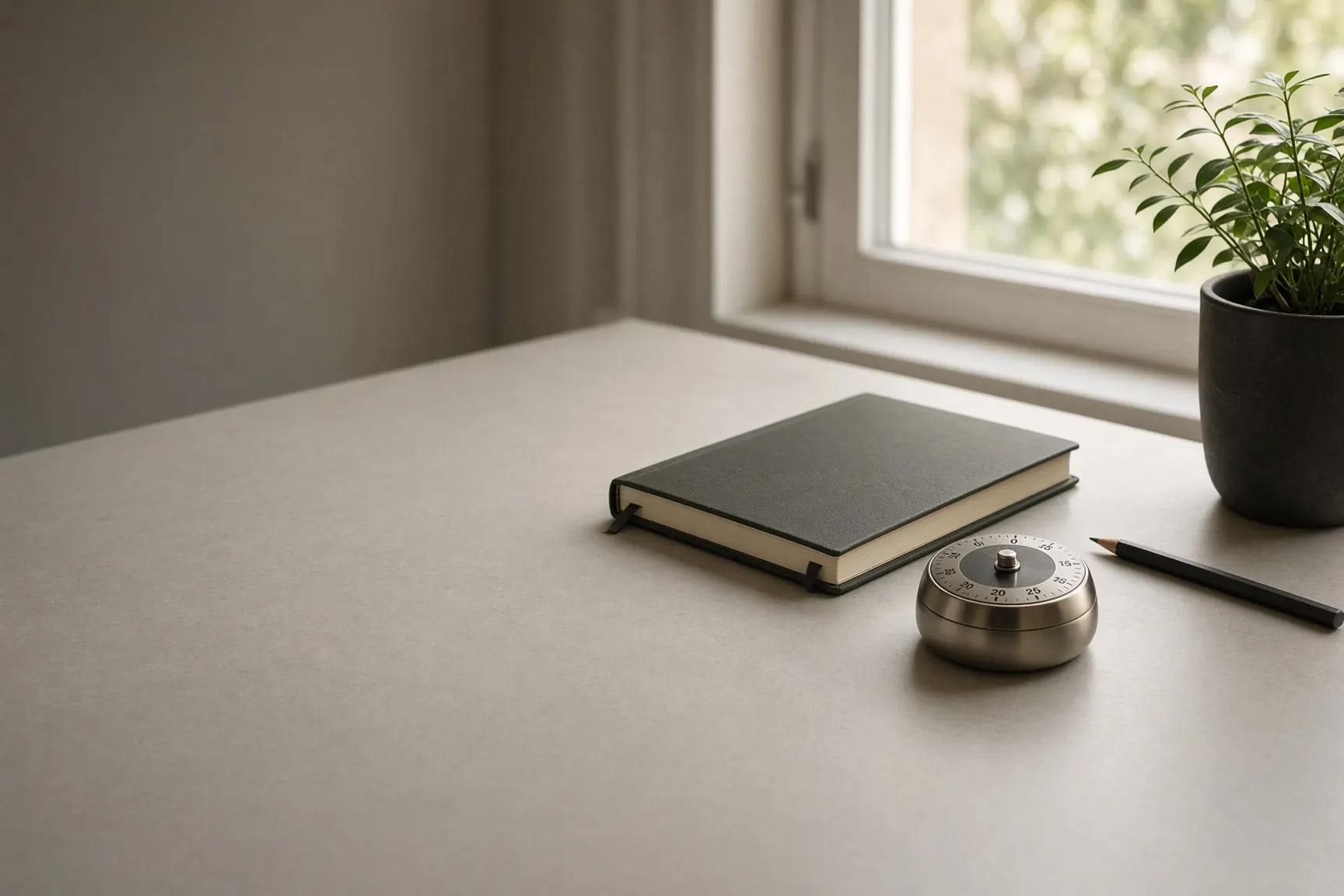 Quiet deep-work desk with an analog timer